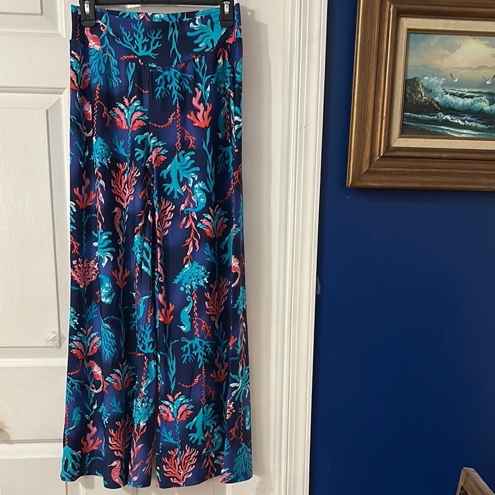 NWT Aryeh Vibrant Navy & Pink Ocean Wide Leg Pull On Palazzo Pants